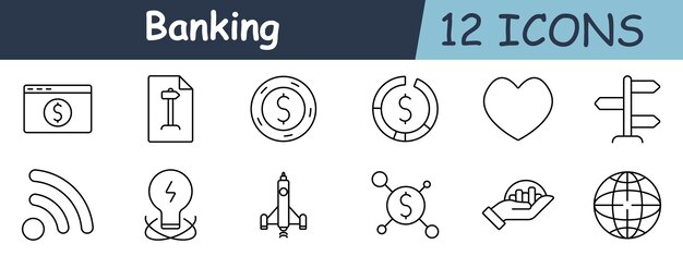 El icono del conjunto bancario el pago en línea el podio de la moneda el gráfico de la tarta el corazón la dirección de los signos la alimentación de RSS la bombilla del cohete el crecimiento de la red en el globo de la mano