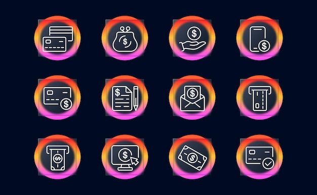 Icono de conjunto de banco Tarjeta cheque dinero dólar terminal ATM billetera factura venta cheque reembolso moenta pago tienda pago efectivo Concepto de salario Estilo de morfismo de cristal Icono de línea vectorial