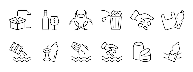 Icono de conjunto de basura humana productos de plástico, cartón, vidrio basura tirando basura en cualquier lugar bolsas y botellas de basura concepto de contaminación ambiental icono de línea vectorial en fondo blanco