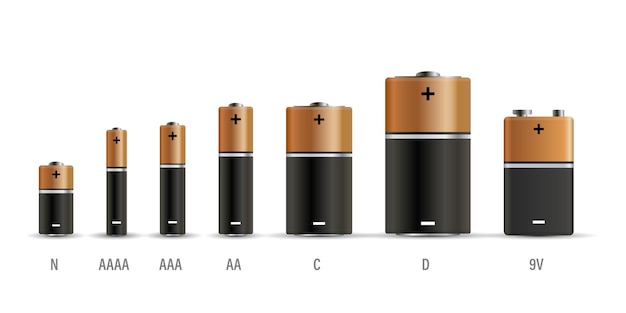 Icono de conjunto de batería alcalina realista en estilo plano Ilustración de vector de acumulador de diferente tamaño en fondo aislado Concepto de negocio de signo de recarga de acumulador