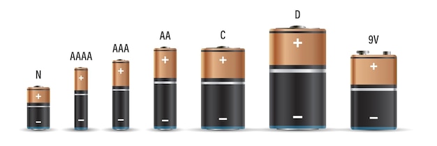 Icono de conjunto de batería alcalina realista en estilo plano Ilustración de vector de acumulador de diferente tamaño en fondo aislado Concepto de negocio de signo de recarga de acumulador