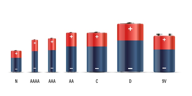 Icono de conjunto de batería alcalina realista en estilo plano Ilustración de vector de acumulador de diferente tamaño en fondo aislado Concepto de negocio de signo de recarga de acumulador