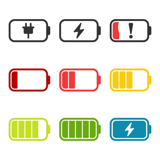Icono de conjunto de baterías alcalinas en estilo plano Ilustración vectorial de acumuladores de diferentes tamaños en un fondo aislado Sello de recarga de acumuladores concepto de negocio