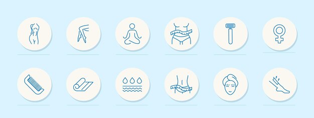 Icono de conjunto de belleza femenino Pies femeninas y silueta de la figura meditación piel líquida regla de afeitar peine toalla depilación belleza colores azules concepto de cuidado personal icono de línea vectorial