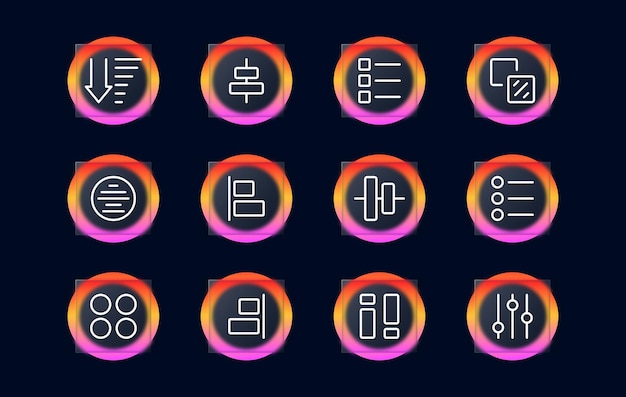 Icono de conjunto de botones de menú Azulejos cuadrados flechas listas botones de aplicación alineación deslizador desplazamiento de deslizamiento clasificación en orden ascendente y descendente Concepto de perilla Estilo de morfismo de cristal