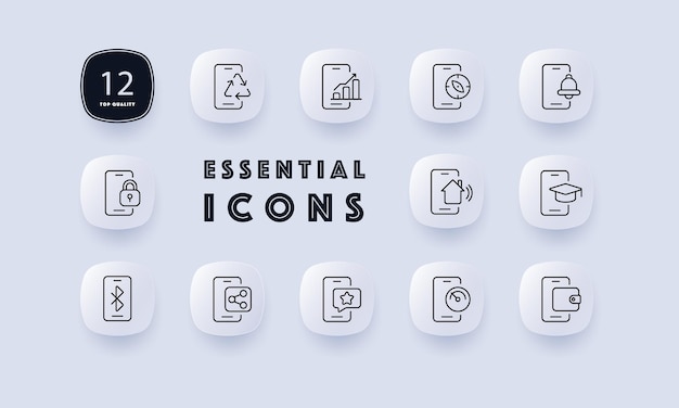 Icono de conjunto de botones de teléfono Reciclaje de estrellas Resert Lock Alarm Speedtest Wallet Control Smart Home Compas Gráfico Diagrama Estilo neomorfismo Icono de línea vectorial para Negocios y Publicidad