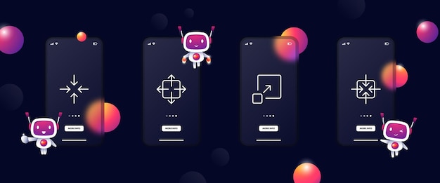 Icono de conjunto de botones de zoom Las flechas hacen zoom para hacer que la pantalla completa se oculte cerrar salir de la pantalla completa Concepto de trabajo de la ventana Pantalla de la aplicación de teléfono de interfaz de usuario Glassmorphism con robot Icono de línea vectorial para empresas