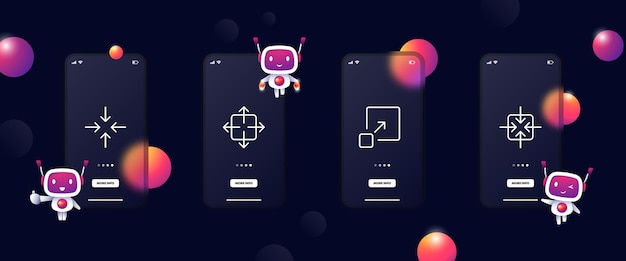 Vector icono de conjunto de botones de zoom las flechas hacen zoom para hacer que la pantalla completa se oculte cerrar salir de la pantalla completa concepto de trabajo de la ventana pantalla de la aplicación de teléfono de interfaz de usuario glassmorphism con robot icono de línea vectorial para empresas