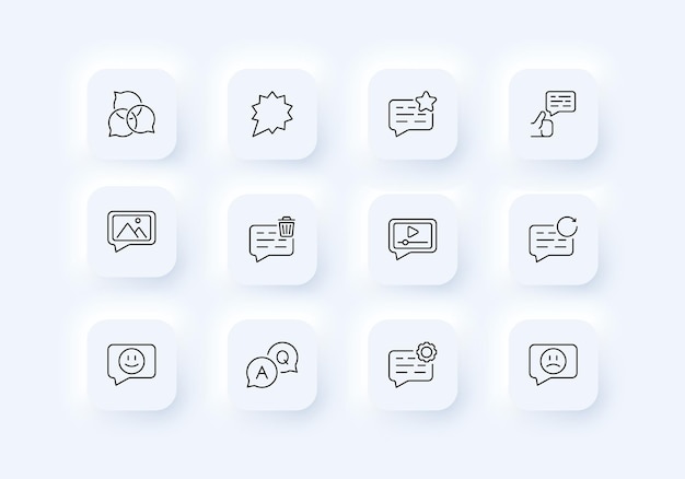 Icono de conjunto de burbujas de voz Tasa de comunicación revisión comentario opinión reacción como discusión Concepto de retroalimentación Estilo de neomorfismo Icono de línea vectorial para Negocios y Publicidad