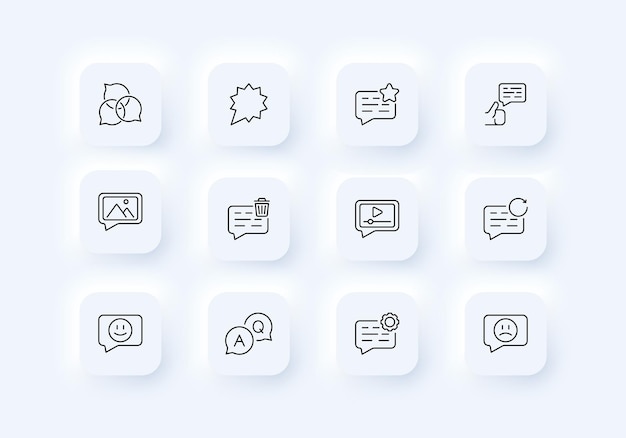 Icono de conjunto de burbujas de voz Tasa de comunicación revisión comentario opinión reacción como discusión Concepto de retroalimentación Estilo de neomorfismo Icono de línea vectorial para Negocios y Publicidad