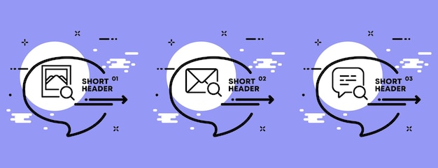 Icono de conjunto de búsqueda Lupa Búsqueda por correo de mensajes y galería Concepto de búsqueda Línea de tiempo infográfica con iconos y 3 pasos Icono de línea vectorial para Negocios y Publicidad