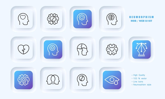Icono de conjunto de cabeza Corazón amor impulsar su cerebro personalización rompecabezas creatividad inspiración serenidad ying yang lágrima Concepto de pensamiento Estilo de neomorfismo Icono de línea vectorial para negocios