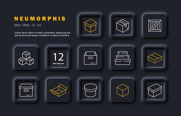 Icono de conjunto de cajas de embalaje Paquete cuadrado cilíndrico de cartón de madera entregar paquetes cubierta de tapa de embalaje Concepto de entrega Estilo de neomorfismo Icono de línea vectorial para Negocios y Publicidad