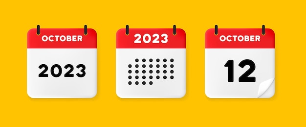 Icono de conjunto de calendario calendario en un fondo amarillo con doce de octubre de 2023 texto de 12 números recordatorio concepto de gestión de fecha icono de línea vectorial para negocios y publicidad