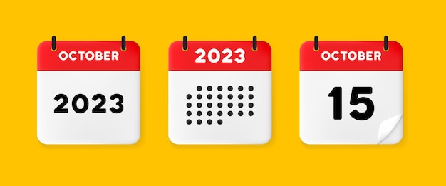Icono de conjunto de calendario Calendario en un fondo amarillo con quince de octubre de 2023 15 texto numérico Recordatorio Concepto de gestión de fecha Icono de línea vectorial para Negocios y Publicidad