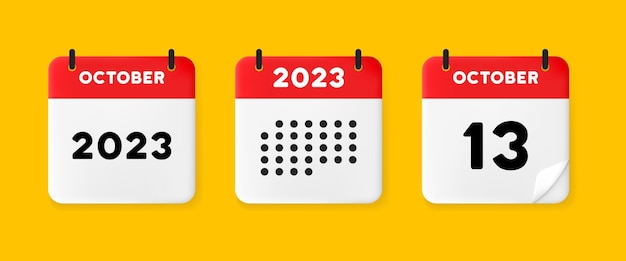 Icono de conjunto de calendario Calendario en un fondo amarillo con trece de octubre de 2023 13 texto de número Recordatorio Concepto de gestión de fecha Icono de línea vectorial para Negocios y Publicidad