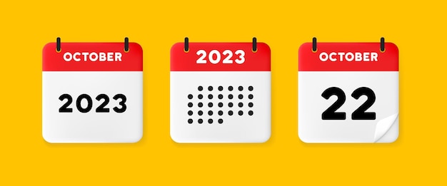 Icono de conjunto de calendario calendario en un fondo amarillo con veintidós de octubre de 2023 22 texto numérico recordatorio concepto de gestión de fecha icono de línea vectorial para negocios y publicidad