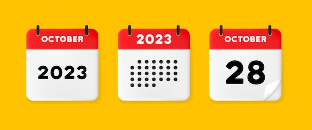 Icono de conjunto de calendario calendario en un fondo amarillo con veintiocho de octubre de 2023 28 texto numérico recordatorio fecha menegement concepto icono de línea vectorial para negocios y publicidad