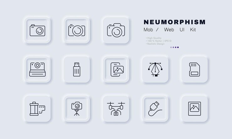 Icono de conjunto de cámaras Foto tomar imagen unidad flash archivo digital teléfono tarjeta sd trípode drone quadcopter cable imagen enmarcada Concepto de arte Estilo de neomorfismo Icono de línea vectorial para negocios