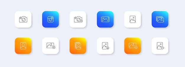 Icono de conjunto de cámaras fotográficas tomar fotografías fotógrafo de imágenes película de celuloide digital almacenamiento de datos arte capturar el momento fotografía concepto de tecnología neomorfismo icono de línea vectorial