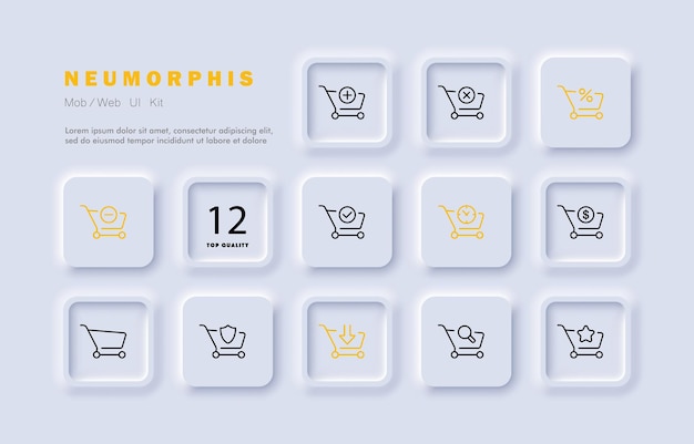 Ícono de conjunto de carrito de compras Agregar eliminar revisión de producto pedido favorito descuento última oportunidad protección búsqueda tienda Concepto de tienda Estilo de neomorfismo Icono de línea vectorial para Negocios y Publicidad