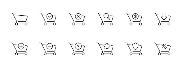 Icono de conjunto de carrito de compras Añadir carrito de compra Quitar encontrar pagar abajo flecha más menos tiempo favoritos porcentaje de protección Concepto de compras en línea Icono de línea vectorial en fondo blanco