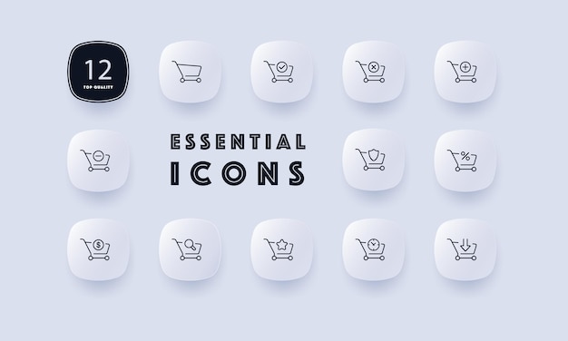 Ícono de conjunto de carrito de compras Buscar bienes agregar al pedido descuento más menos cargar dólar escudo favorito estrella compra Comprar concepto Estilo de neomorfismo Icono de línea vectorial para negocios