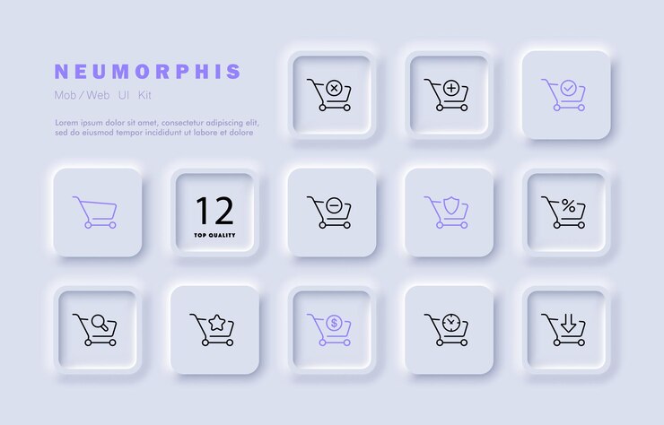 Vector ícono de conjunto de carrito de compras buscar bienes agregar al pedido descuento venta pago en dólares compra de producto favorito comprar concepto estilo de neomorfismo icono de línea vectorial para negocios y publicidad