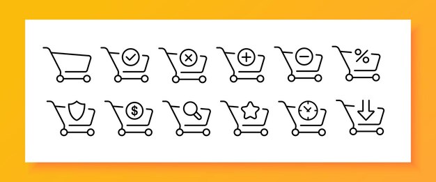 Icono de conjunto de carrito de compras Marca de verificación cruz más menos agregar eliminar porcentaje de descuento tiempo de búsqueda de producto descargar, etc. Concepto de pedido Icono de línea vectorial para Negocios y Publicidad