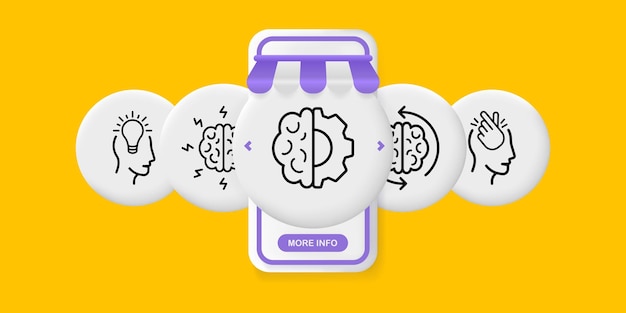 Vector icono de conjunto de cerebro idea de engranaje de lámpara de cabeza crecimiento personal éxito carrera pensamiento positivo autodesarrollo, etc. concepto de motivación pantallas de aplicación de teléfono de interfaz de usuario con personas icono de línea vectorial para negocios