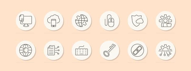 El icono del conjunto de ciberseguridad la red de almacenamiento en la nube el escudo de ratón los documentos el enlace clave la seguridad tecnológica el concepto de internet los íconos de línea vectorial en fondo beige