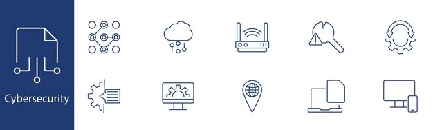 Icono de conjunto de ciberseguridad Red nube router advertencia monitor de datos de ubicación equipo de computadora internet Protección de seguridad en línea concepto de seguridad