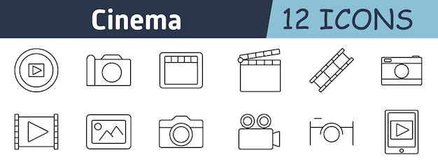 El icono del conjunto de cine, el botón de reproducción de la cámara, la tira de película, el carrete de clapperboard, el cuadro de vídeo, la galería de fotos, el trípode de la cámara de la película, la reproducción de medios de la tableta.