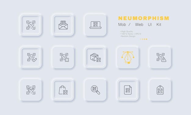 Icono de conjunto de códigos QR Etiquetado de mercancías escáner de escaneo marco carta portátil marca de verificación compra cruzada entrega envío etiqueta de lupa Concepto de tecnología Neomorfismo Icono de línea vectorial