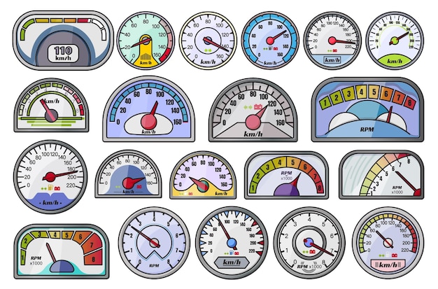 El icono del conjunto de colores vectorial del velocímetro Ilustración vectorial de la velocidad del automóvil sobre un fondo blanco El icono de conjunto de colores del velocímetros