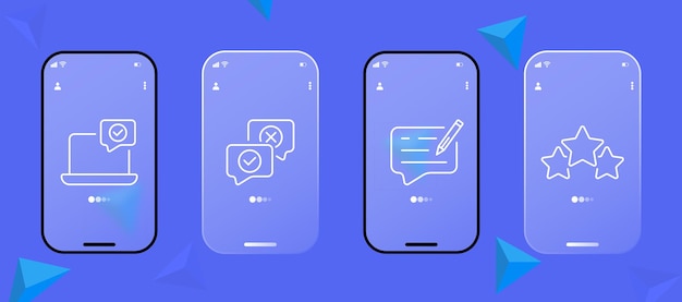 Ícono de conjunto de comentarios Compartir puntero pulgar hacia arriba estrella como favoritos de corazón importante devolución de llamada comentario bocadillo de diálogo botón para red social Pantalla de aplicación de teléfono de interfaz de usuario Glassmorphism