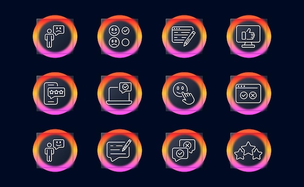 Icono de conjunto de comentarios Me gusta No me gusta marcas de verificación comentarios calificación compartir Concepto de comunicación Estilo de morfismo de vidrio Icono de línea vectorial para negocios