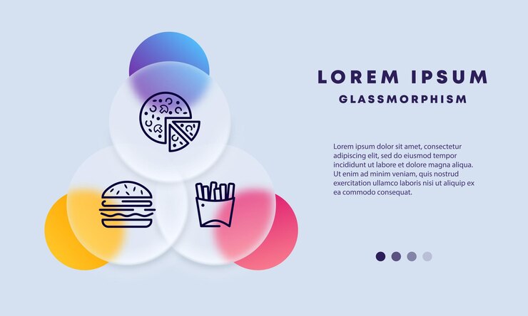 Vector icono de conjunto de comida rápida pizza papas fritas papas fritas hamburguesa sándwich concepto de comida grasa estilo de morfismo de vidrio icono de línea vectorial para negocios y publicidad