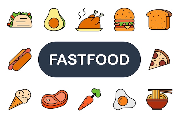 El icono del conjunto de comida rápida Taco aguacato pollo hamburguesa pan perrito caliente pizza helado bistec zanahoria huevo ramen comida chatarra
