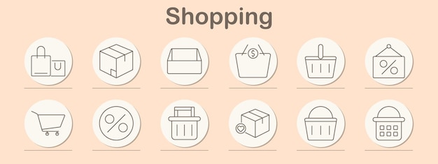 El icono del conjunto de compras Bolsas paquete canasta descuento canasta porcentaje caja de entrega caja de pago venta compra producto comercio electrónico minorista tienda tienda en línea transacción envío canasta comercio