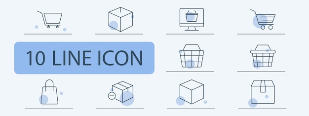 El icono del conjunto de compras La canasta de descuento La caja del paquete La venta La bolsa La caja La compra En la tienda El comercio