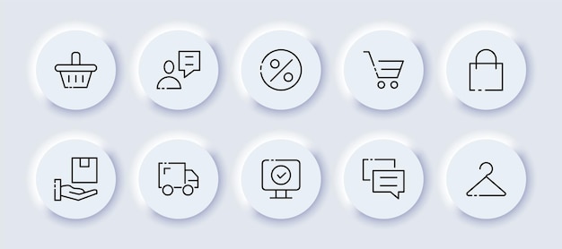 Icono de conjunto de compras Carrito de compras consultor cliente porcentaje descuento paquete compra billetera camión servicio de entrega computadora tienda en línea percha Concepto de venta Estilo neomorfismo