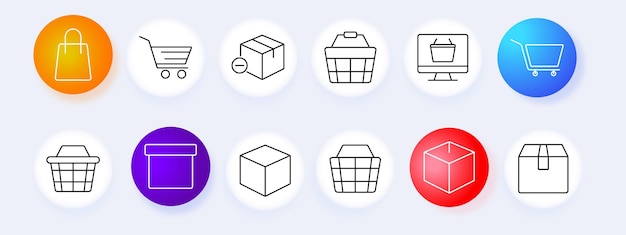 El icono del conjunto de compras y entregas de la bolsa de la cesta del paquete de la cesta de la caja de comercio electrónico de vector gráfico de compra del mercado de la tienda