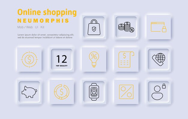 El icono del conjunto de compras en línea Gestión de pedidos de transacciones financieras Mercado digital Pago seguro Satisfacción del cliente Presupuesto de servicios en línea Interacción de la tienda