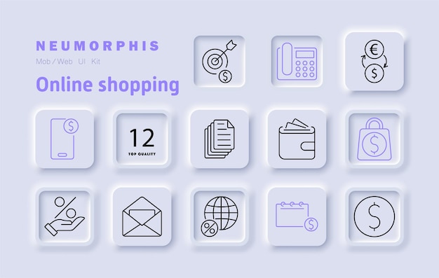 El icono del conjunto de compras en línea Pagos móviles Cartera de comercio electrónico Transacciones financieras Cesto de compras Cambio de divisas Banca en línea Orden de seguimiento Mercado digital Pago seguro