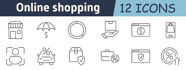 El icono del conjunto de compras en línea, el paraguas de la tienda, los paquetes, los métodos de pago, las etiquetas de descuento, la entrega segura, las promociones de aplicaciones de compras, las transacciones financieras, la seguridad, la comodidad y el comercio electrónico.