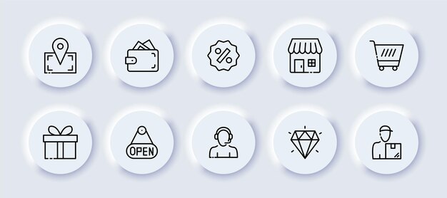 Icono de conjunto de compras Ubicación puntero tienda billetera dinero carro regalo premio signo abierto consultor operador diamante mensajería compra Venta concepto Neomorfismo estilo Vector línea icono para negocios