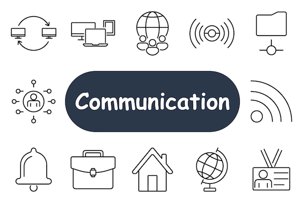 Icono de conjunto de comunicación auriculares portátiles notificación inalámbrica maletín casa nube intercambio de archivos comunicación global tecnologías de comunicación y redes en línea