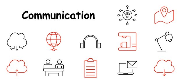 El icono del conjunto de comunicación conexión en la nube auriculares globo wifi ubicación videoconferencia carga reunión del equipo clipboard descarga de correo electrónico