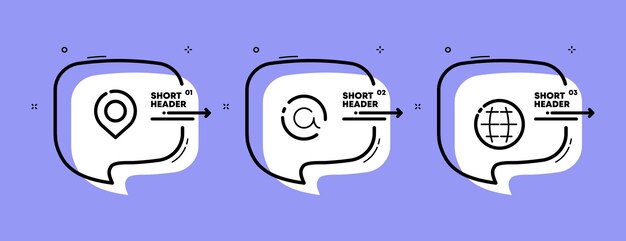 Icono de conjunto de comunicación mundial Puntero correo electrónico planeta mapa en línea empleado usuario Concepto de Internet Línea de tiempo infográfica con iconos y 3 pasos Icono de línea vectorial para Negocios y Publicidad